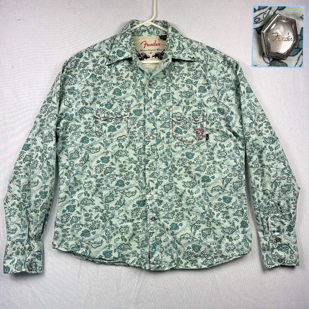 Fender Western Outlaw Shirt Mens Button Up Size XL Blue Floral Print Long Sleeve